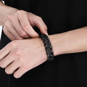 Vintage black stainless steel Cuban link bracelet with engraved patterns for men