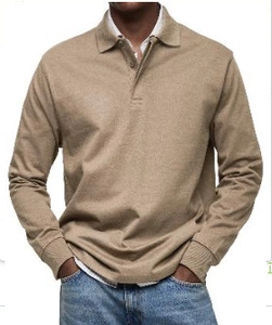 Men's casual long sleeve polo shirt in khaki brown with textured knit fabric