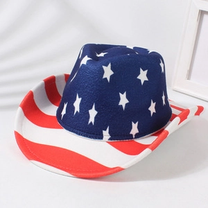 Detail view of American flag cowboy hat with blue star crown and red striped brim