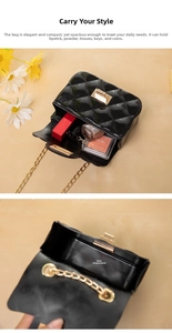 Detail of black quilted mini bag showing interior main compartment for cosmetics
