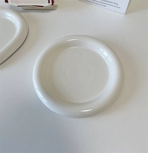 Close-up of a glossy white ceramic round plate with a modern thick rounded edge
