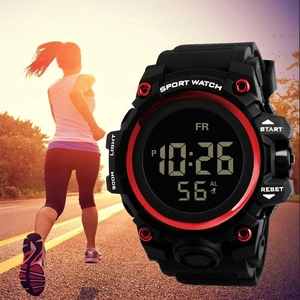 Outdoor digital watch showing rugged shockproof bezel and multi-functional sports display
