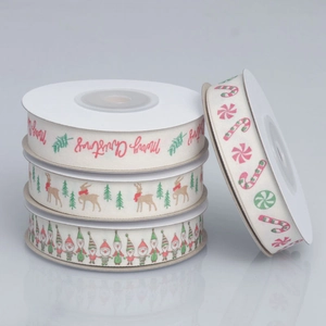 Linen Christmas ribbons set with gold foil reindeer and Merry Christmas patterns