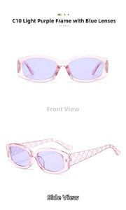 Detail view of purple resin frame sunglasses with quilted texture on the temples