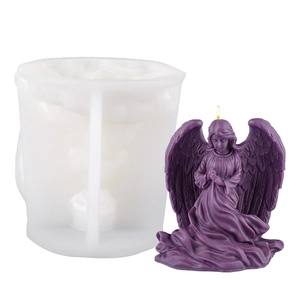 DIY silicone mold for angel candles with finished purple 3D cherub praying sculpture