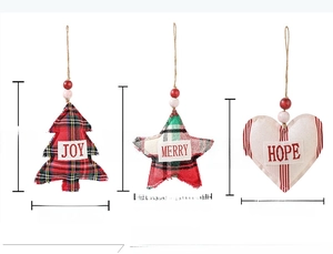 Three Christmas fabric ornaments with JOY MERRY HOPE text and detailed size dimensions