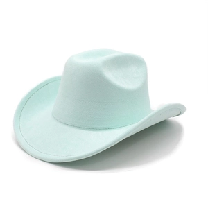 Macro shot of mint green suede cowboy hat featuring fine stitching on the brim