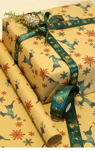 Close-up of Christmas gift box wrapped in reindeer kraft paper with green satin ribbon