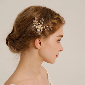 Handmade Bridal Hair Stick Gold Alloy Leaf Imitation Artificial Pearl Rhinestone Flower U Shaped Hair Fork For Wedding Party