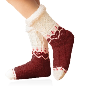Winter thermal knit floor socks with Nordic pattern and plush cuffs on white background