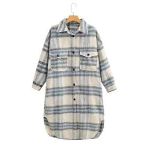 Women's long-sleeve plaid shacket with blue and grey wool-blend check pattern