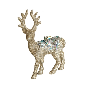 Glittery gold reindeer Christmas tree ornament with sequins on a clean white background