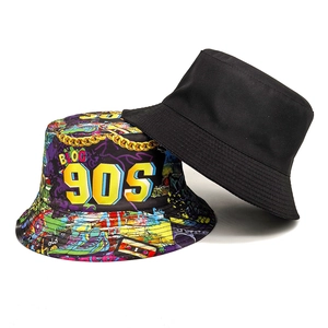 Retro 90s graffiti and black reversible bucket hat set for sun protection outdoors