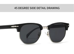 Detailed 45-degree side view of classic black and silver square clubmaster sunglasses