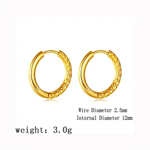 Detail view of 12mm gold hoop earrings with polished and hammered texture, 2.5mm wire
