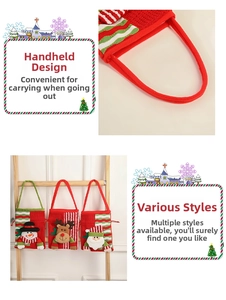 Detail of Christmas knitted gift bags with 3D dolls showing sturdy handles and textures