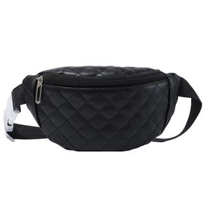 Kids black quilted PU leather fanny pack with adjustable strap on white background