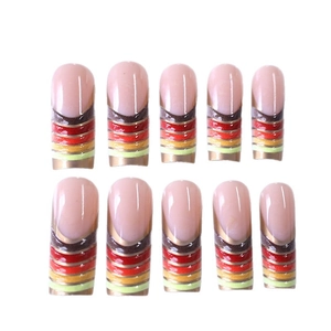 Long oval press-on nails with nude base and vibrant colorful striped French tips