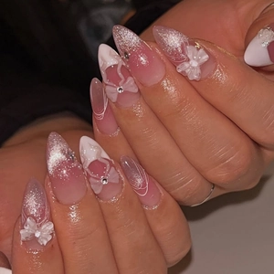 Press On Nails Cat Eye Magnetic French Gradient Blush Pink White Long Almond Shape 3D Bow Artificial Pearl Rhinestone For Women