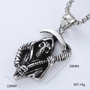 Detail view of grim reaper pendant with dimensions 39mm by 22mm on a steel chain
