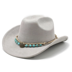 Detail of light grey faux suede cowboy hat featuring rope band and turquoise stone accent