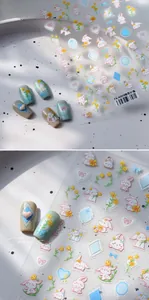 Detailed 5D embossed nail art stickers with cute rabbit and osmanthus designs