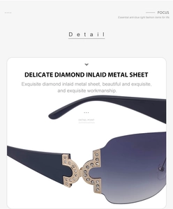 Detailed close-up of diamond-inlaid metal hinge on Y2K rimless wrap sunglasses