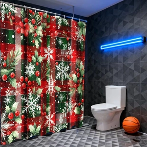 Christmas shower curtain with red plaid snowflakes and pine needles for bathroom decor