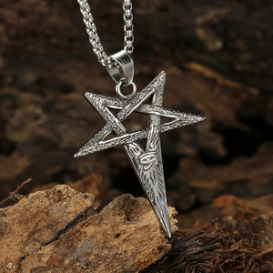 Silver stainless steel Viking pentagram pendant with Eye of Horus on box chain necklace