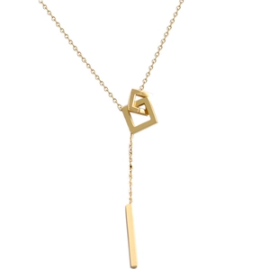 Minimalist gold square interlocking necklace with a vertical bar pendant on white background