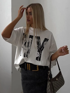 T-Shirt Femme Imprimé Lettres Rétro Coton NY Brooklyn Oversized Col Rond Manches Courtes Streetwear Haut Décontracté
