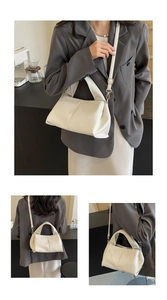 Detail view of white lychee pattern leather shoulder bag shown from multiple angles