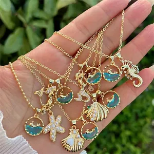 Ocean Theme Pendant Necklace Copper 18K Gold Plated Cubic Zirconia Seahorse Mermaid Shell Blue Stone Jewelry Women Men