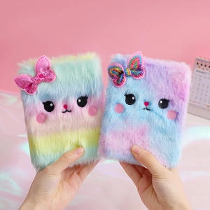 Plush cartoon cat notebook set with rainbow gradient faux fur and sequin bow details