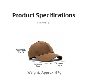 Detailed size parameters of the brown cotton baseball cap showing height and brim length