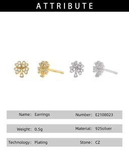 Detail view of gold and silver S925 four leaf clover earrings with CZ stone parameters