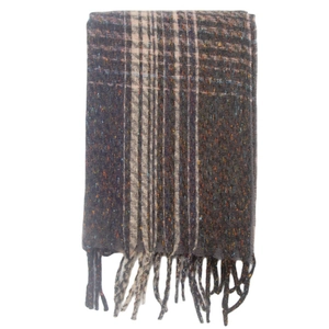 Detail showing dark grey plaid scarf texture with colorful dots and fringe design