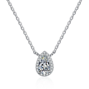 Elegant s925 silver pear cut moissanite pendant necklace with micro pave halo on white background
