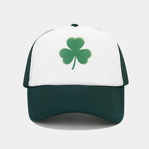 Fashionable mesh trucker hat in green and white with a shamrock print for summer outdoors