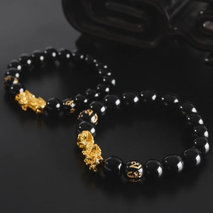 Obsidian style beads bracelet with gold Pixiu and Six-Syllable Mantra carvings