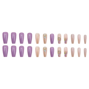 Purple aurora press-on nails with marble dye design and 3D rhinestones on white base