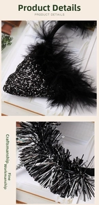 Detail showing black feathers, sequins, and silver glitter texture on Halloween headband