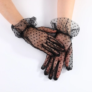 Women Polka Dot Lace Gloves Sheer Mesh Breathable Ruffled Cuffs Sun Protection Vintage Wedding Party Accessories