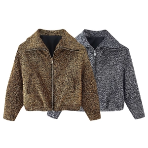 Cropped metallic texture bomber jacket with zipper in gold and silver finish
