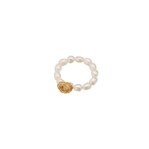 Anello di perle barocche d'acqua dolce con decorazione a rosa in filo dorato