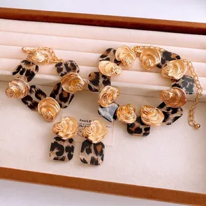 Retro Leopard Print Resin Square Necklace Bracelet And Earrings With Silver Earring Post Alloy Shell Texture Jewelry