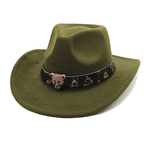 Detail of dark green cowboy hat featuring a black leather band with leopard head metal studs