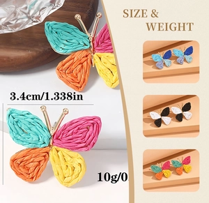 Detail showing dimensions and weight of colorful woven raffia butterfly earrings