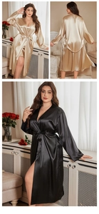 Detail of satin bathrobes in champagne gold and black with V-neck silk texture design