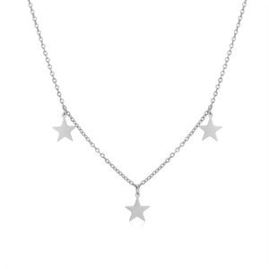 Silver stainless steel necklace with three star pendants on a white background